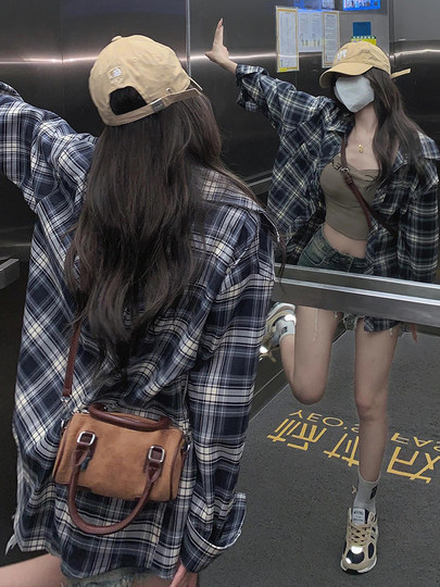 Early autumn power style plaid shirt for women retro loose slim shirt cardigan large size chic top thin jacket