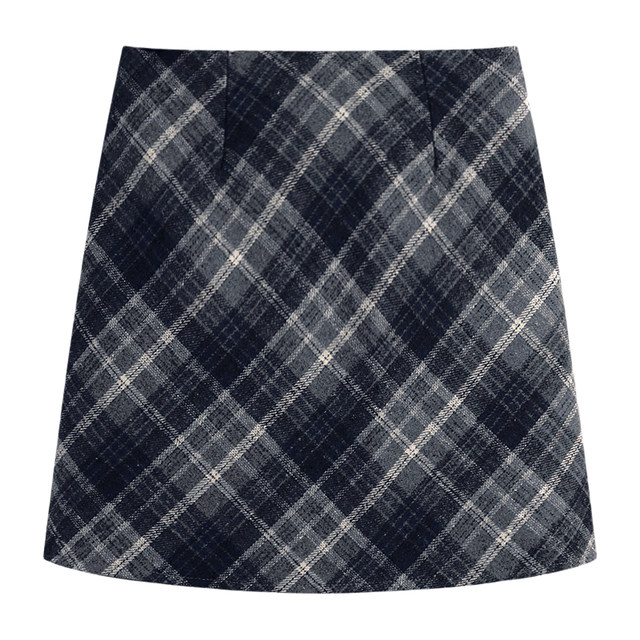 Retro checkered woolen skirt Female autumn and winter slightly fat large size high -waisted small small man cover A -line skirt hip skirt