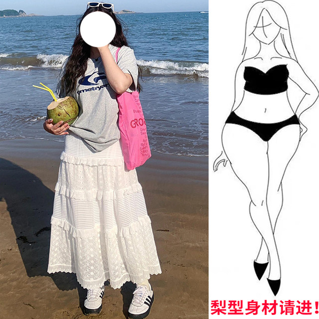 
White lace skirt for women in summer seaside vacation large size cake skirt design feeling covering belly and making a slim A-line puffy skirt