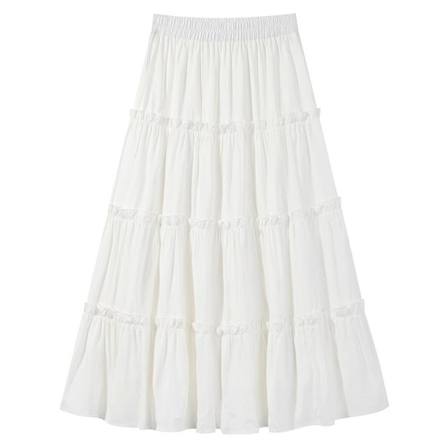 
Gentle style white cake skirt for women long summer slightly fat large size elastic high waist slim A-line puff fairy skirt