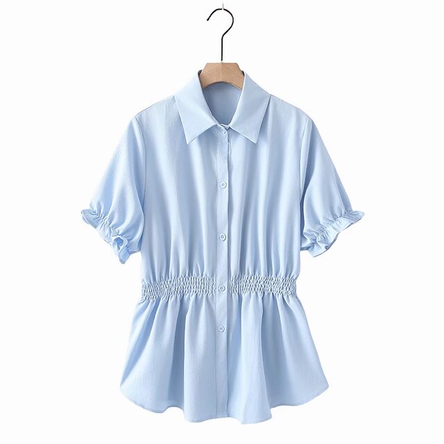 Large size design waist-hugging short-sleeved shirt for women in summer, fat, loose and slimming polo collar front shoulder top
