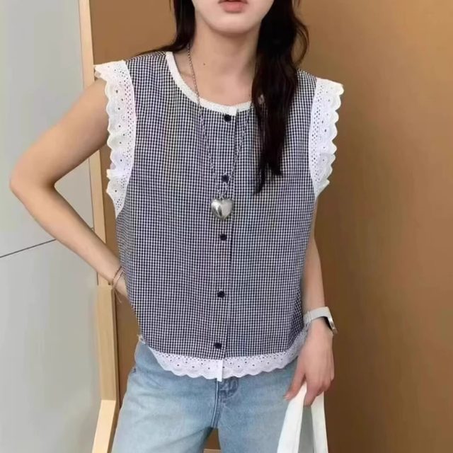 
European lace lace plaid cotton linen shirt for women 2025 summer new design sleeveless doll shirt vest trend