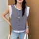 
European lace lace plaid cotton linen shirt for women 2025 summer new design sleeveless doll shirt vest trend