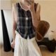 
European lace lace plaid cotton linen shirt for women 2025 summer new design sleeveless doll shirt vest trend
