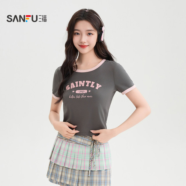 Sanfu short T-shirt 2025 summer American pattern printed contrasting short round neck top women's clothing 495811
