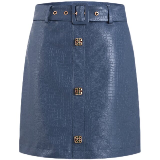 Xingshan bag retro blue high-waist leather skirt belt button decorative skirt slim commuter style new product