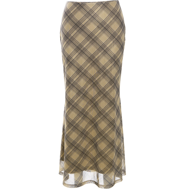 WEIRD PUSS American College Retro Plaid Print Versatile High Waist Skirt Women's Slim Mesh Long Skirt