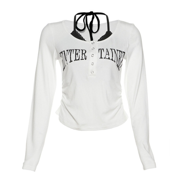 WEIRD PUSS lazy style white fake two-piece V-neck long-sleeved T-shirt for women, high-level casual letter top