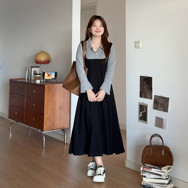 A slightly fat Meow Meow Large size women's fat mm in autumn, huge and beautiful slim two-piece A-line dress 6651