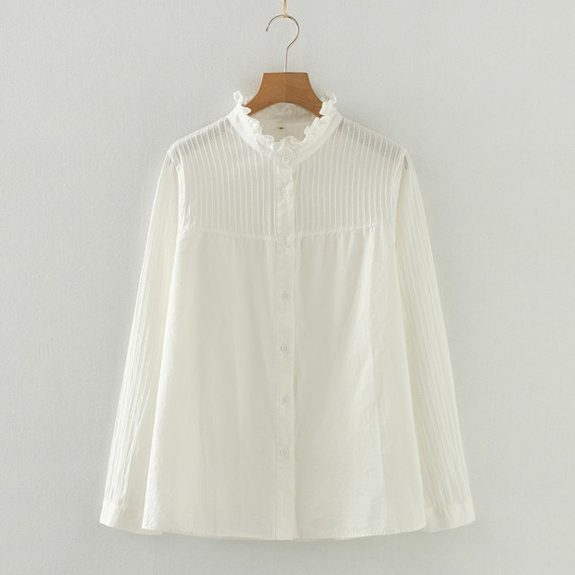 Stand-up collar, long-sleeved shirt with earrings for women, loose and versatile, artistic vertical strips, white cotton women's shirt inner wear