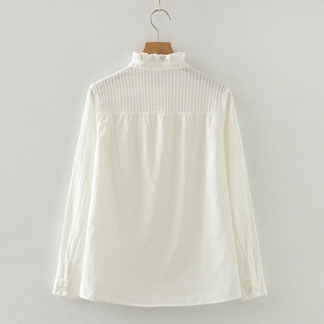 Stand-up collar, long-sleeved shirt with earrings for women, loose and versatile, artistic vertical strips, white cotton women's shirt inner wear