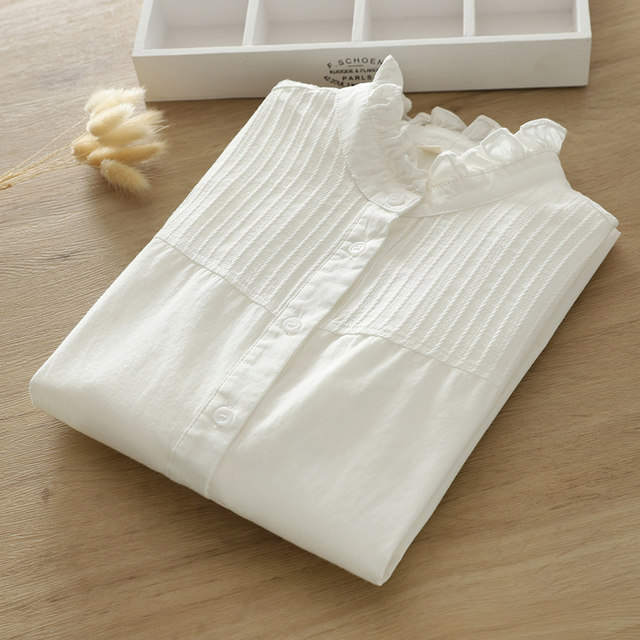 Stand-up collar, long-sleeved shirt with earrings for women, loose and versatile, artistic vertical strips, white cotton women's shirt inner wear