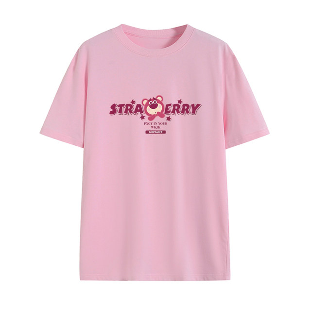 Pink T-shirt for women with small cartoon age-reducing students short sleeves 2025 new hot summer pure cotton round neck top