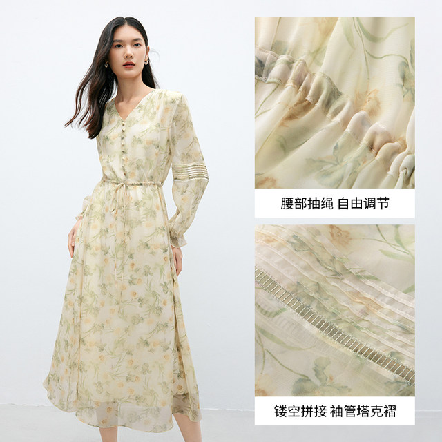 Evely outlets store French chiffon fabric drawstring waist long long sleeve floral dress for spring and summer women