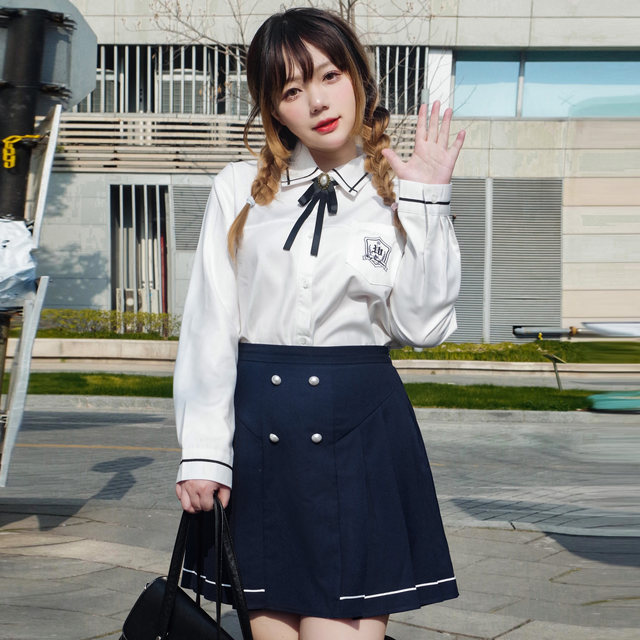 Achejia's large size jk original Incheon art high white long and short sleeve shirt, blue color skirt, Korean college style suit