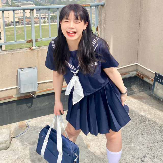 Acarian big size JK fat MM orthodox 绀 three basic sailor uniforms college short skirt short long -sleeved suit women