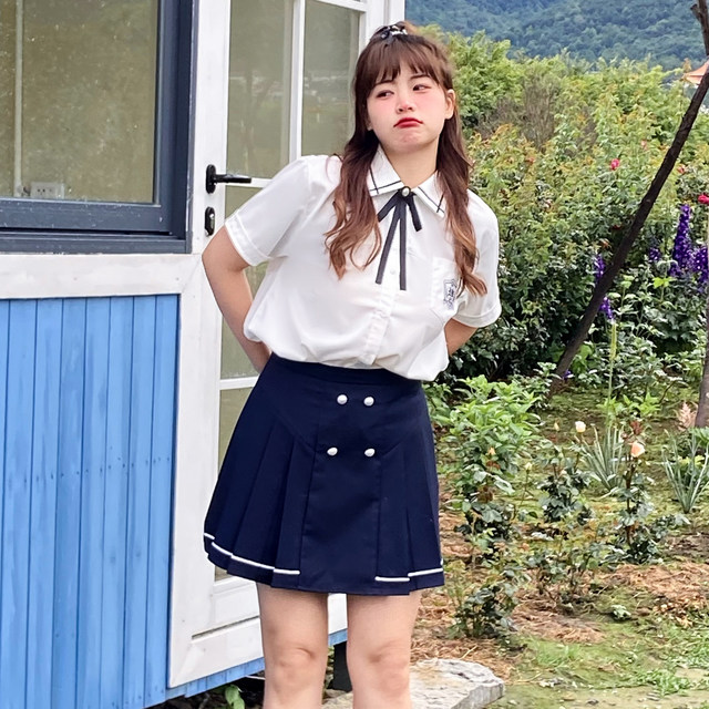 Achejia's large size jk original Incheon art high white long and short sleeve shirt, blue color skirt, Korean college style suit