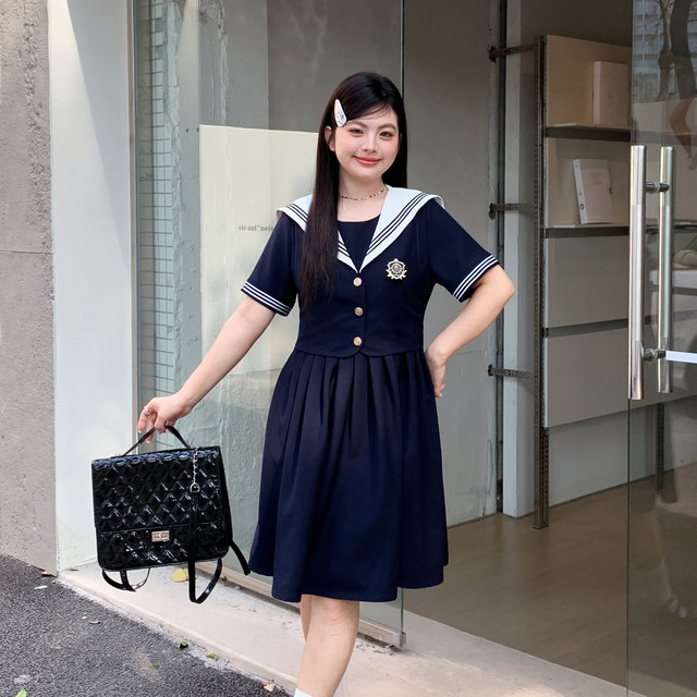 Ache's big size jk fat mm original versatile slim two-piece college style navy neck short-sleeved dress for women
