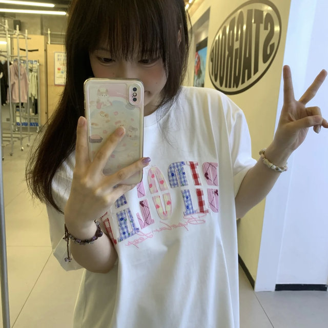 National trend brand pink floral embroidered short-sleeved women's T-shirt summer loose oversize design niche half-sleeved top