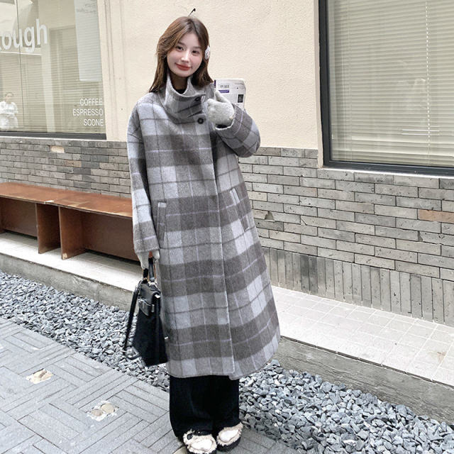 Spot loose new style is available for sale in 2024 winter Korean version of high-quality versatile long plaid double-sided cashmere coat