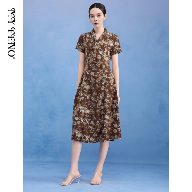 Ma Tiannu women's clothing summer new style brown lapel printed dress short-sleeved waist long skirt temperament skirt fashionable skirt