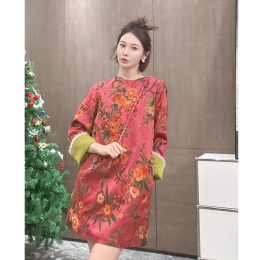 2024 Dragon Year New Year War Robe New Chinese Style National Style Improved Cheongsam Red Clasp Printed Dress Woman