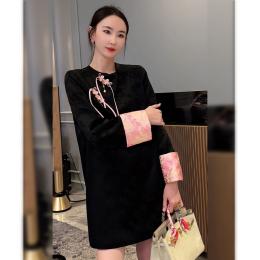 High-end exquisite temperament retro new Chinese style national style coiling improved cheongsam black velvet dress children autumn and winter