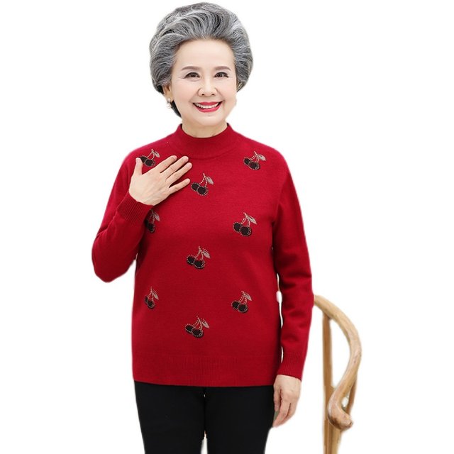 Middle-aged and elderly women's large-size elderly pull-up sweater grandma's sweater mother autumn and winter knitted base shirt top
