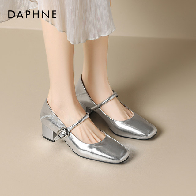 Song Qian same style Daphne silver single shoes for women 2025 new high heels thick heels leather shoes, Mary Zhen women's shoes