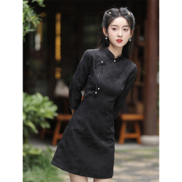 Black Cheongsam 2023 new small daily young girl retro-improved ancient dress autumn