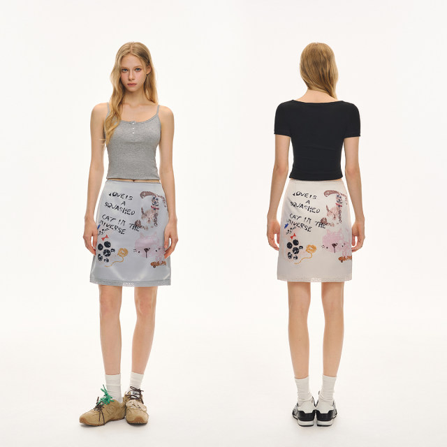 CLIMAX VISION hand-painted graffiti fun printed retro double-sided satin straight half-body skirt