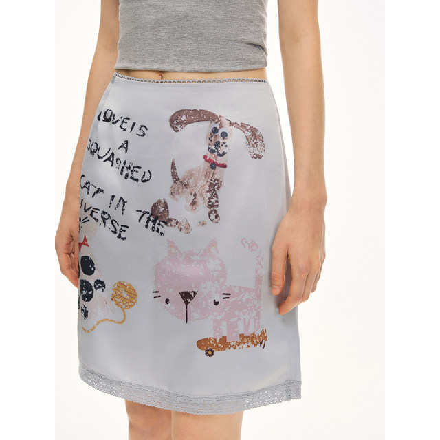 CLIMAX VISION hand-painted graffiti fun printed retro double-sided satin straight half-body skirt