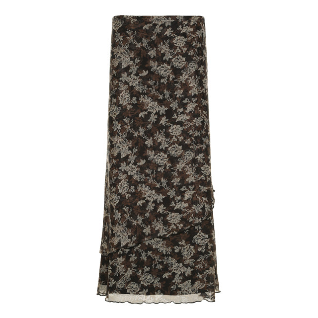eilove Wasabi Medium-style mesh printed skirt for women with ruffle edge splicing low waist slim straight midi skirt