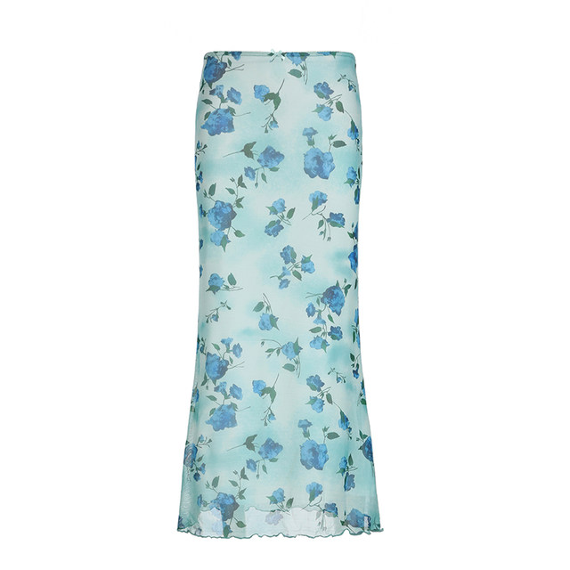 eilove French retro temperament mesh straight long skirt women's vacation style blue rose printed slim skirt