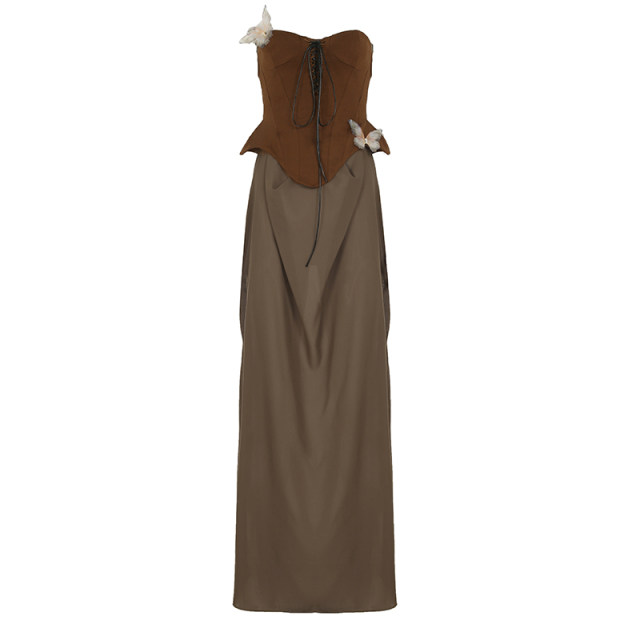 IUAE neoclassical design sense spliced ​​strapless bramble skirt for women butterfly decorative trousers retro dress
