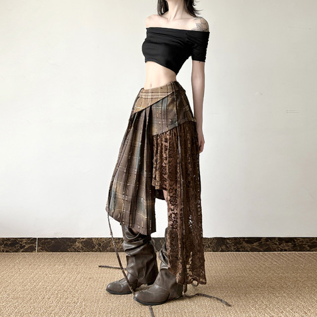 IUAE stray hippie light asymmetrical design skirt for women niche splicing retro midi skirt
