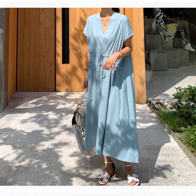 European and American style fashion summer large-size women's short-sleeved V-neck loose dress simple waist solid color long skirt trendy