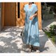 European and American style fashion summer large-size women's short-sleeved V-neck loose dress simple waist solid color long skirt trendy