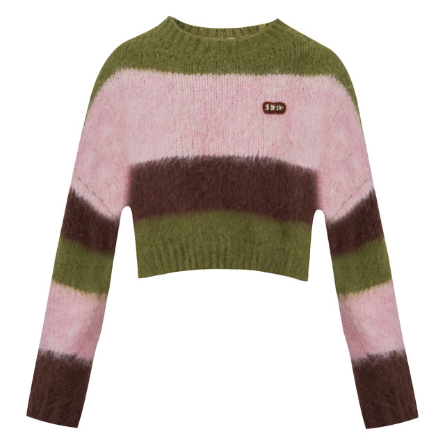 Kroche wool blend contrast stripes loose casual lazy style knitted pullover sweater