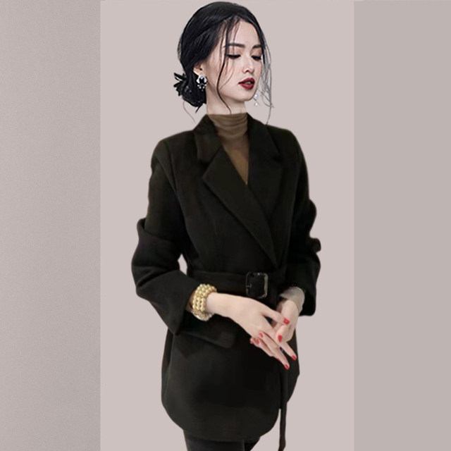 Women's short 2025 autumn new high-end lace-up suit for women's waist-tightening thick wool coat