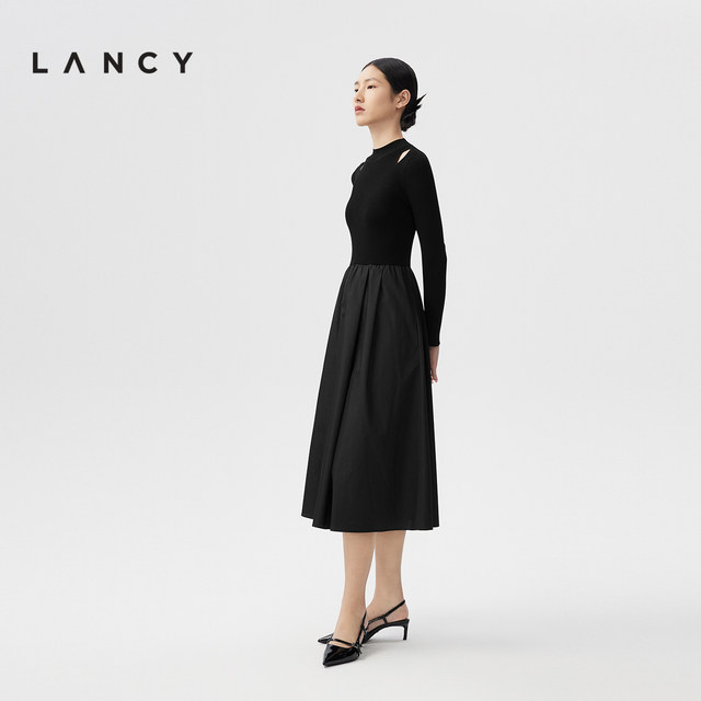 LANCY/Langzi 2024 spring and autumn new long-sleeved hollow silk skirt black mid-length spliced ​​dress for women