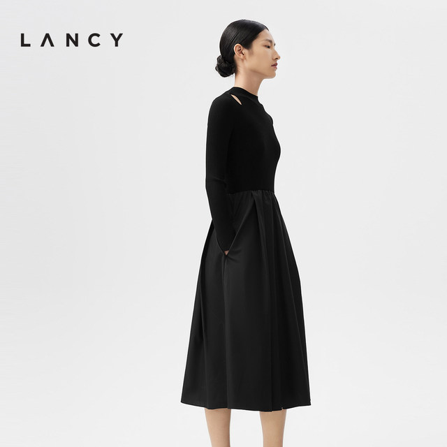 LANCY/Langzi 2024 spring and autumn new long-sleeved hollow silk skirt black mid-length spliced ​​dress for women