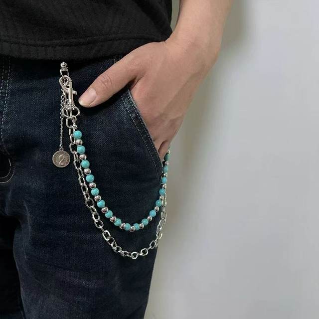 Men's and women's punk hip-hop pants chain accessories blue background black pattern hand-beaded jeans hanging accessories retro street niche trend
