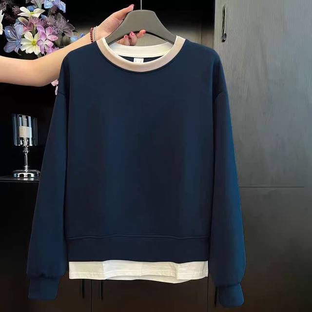 2025 spring and autumn new round neck sweatshirt for women fashion color-blocking versatile slim mother dress loose fake two-piece top