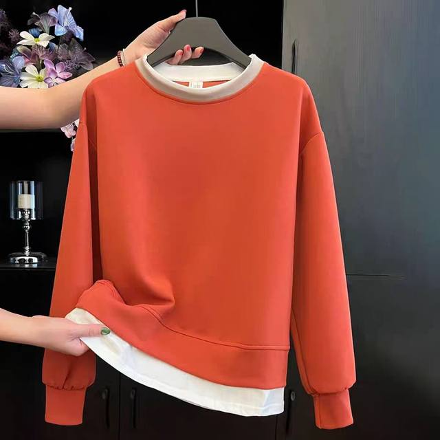 2025 spring and autumn new round neck sweatshirt for women fashion color-blocking versatile slim mother dress loose fake two-piece top