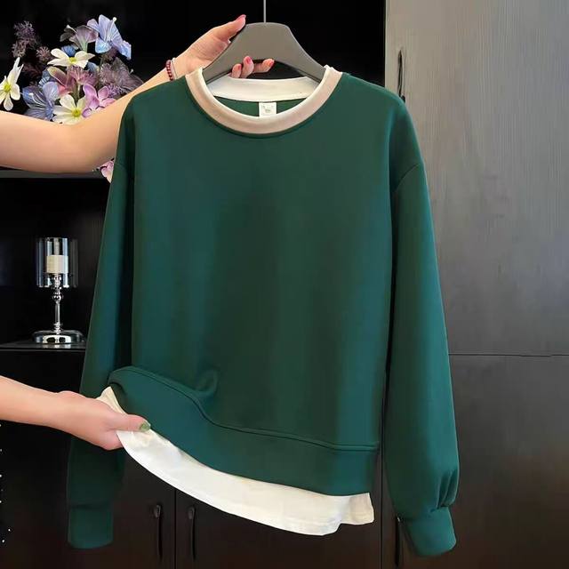 2025 spring and autumn new round neck sweatshirt for women fashion color-blocking versatile slim mother dress loose fake two-piece top