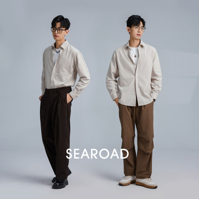 Marine highway brushed striped long-sleeved shirt men's spring and autumn Japanese casual pure cotton versatile jacket shirt