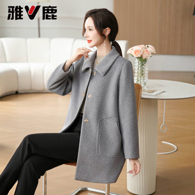 Yalu mid-length mother jacket for women 2025 autumn and winter new lapel loose casual middle-aged and elderly wool coat