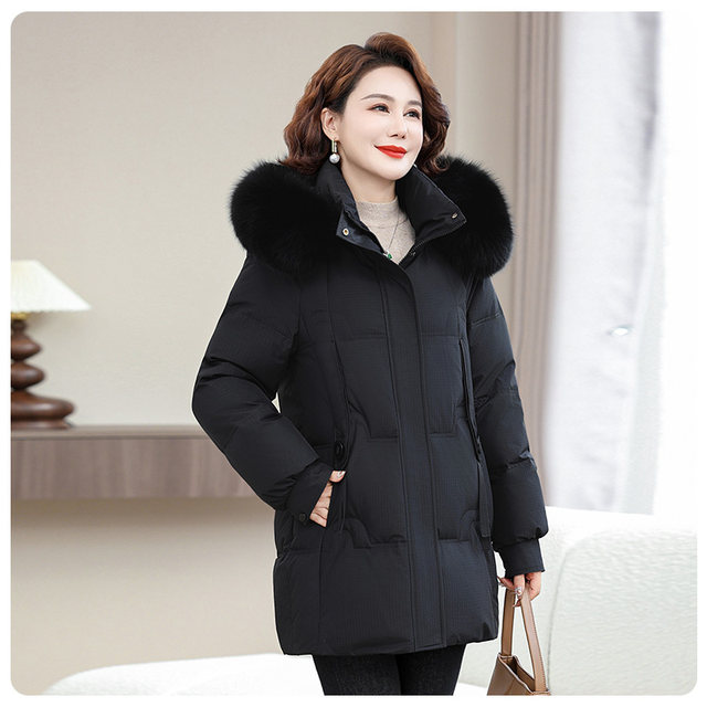 Yalu Mama Down Jacket Women's 2025 Winter New Mid-Length Style Fur Collar Thickened Jacket for Middle-aged and Elderly People