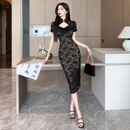 National Style New Chinese Modified Cheongsam Dresses Celebrity High-end Slim Bags Lace Dress Summer